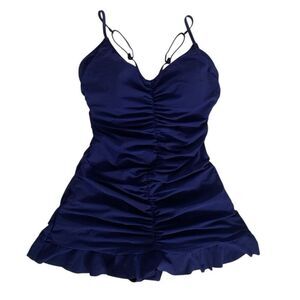 Profile by Gottex blue ruched ruffle hem tummy control flattering 10 swimsuit